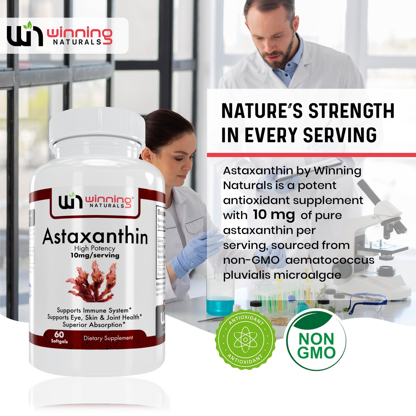 Astaxanthin 10mg - Antioxidant Supplement for Eye, Skin, Heart, Joint, Brain & Immune Health - 60 Softgels