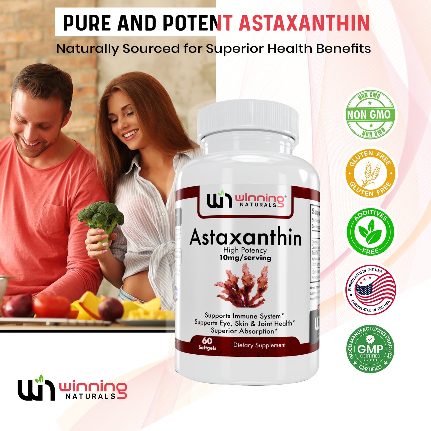 Astaxanthin 10mg - Antioxidant Supplement for Eye, Skin, Heart, Joint, Brain & Immune Health - 60 Softgels