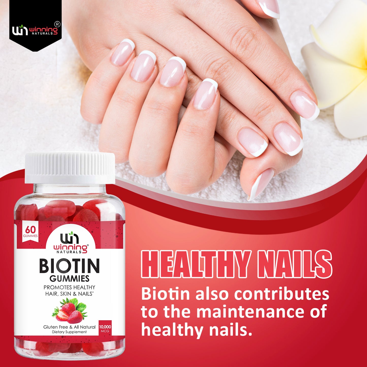 Winning Naturals Biotin 10000mcg - 60 Vegan Strawberry Flavored Gummies