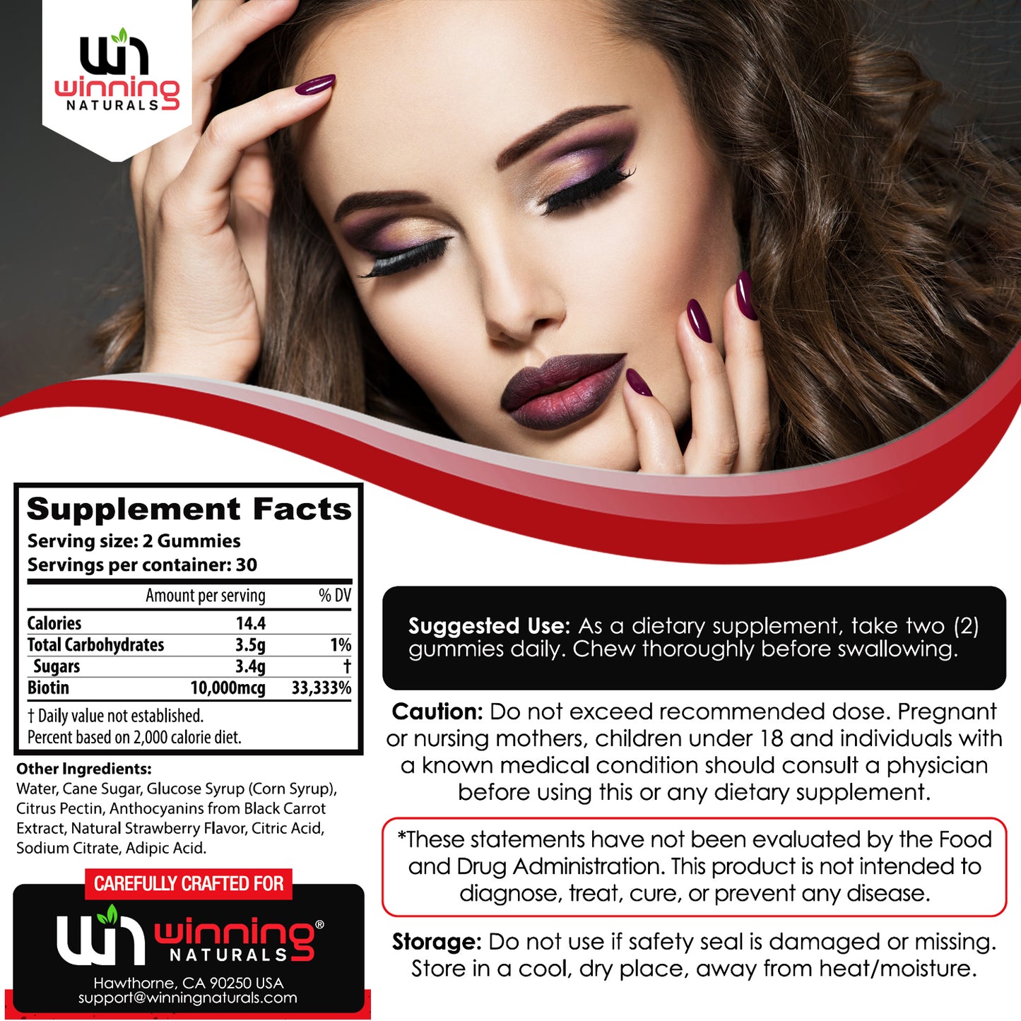 Winning Naturals Biotin 10000mcg - 60 Vegan Strawberry Flavored Gummies