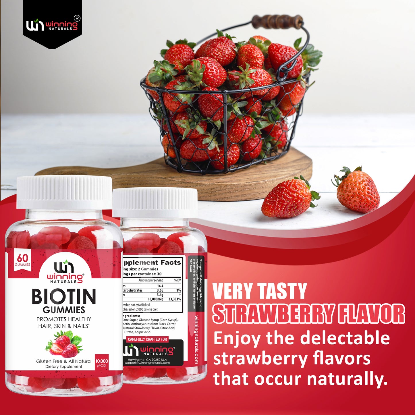 Winning Naturals Biotin 10000mcg - 60 Vegan Strawberry Flavored Gummies