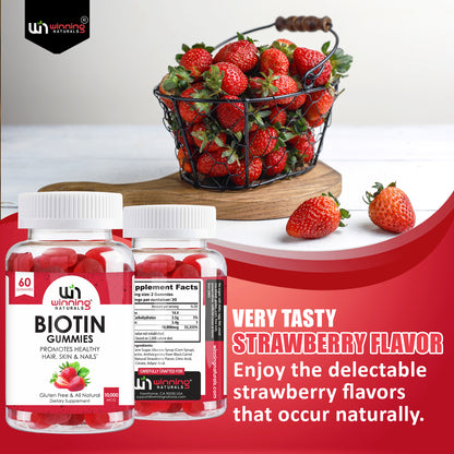 Winning Naturals Biotin 10000mcg - 60 Vegan Strawberry Flavored Gummies